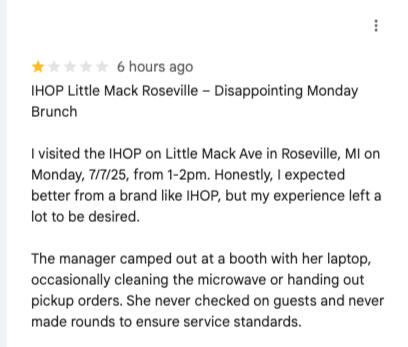 IHOP Google Review