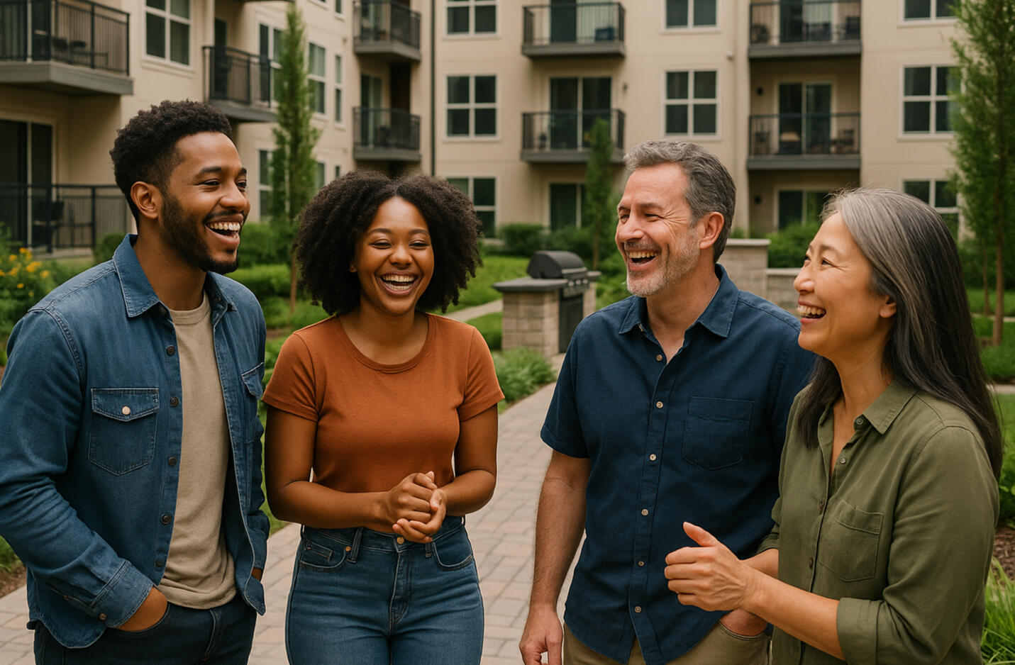 Happy Residents Residents smiling, talking, or laughing in a shared outdoor space (like a courtyard or garden)